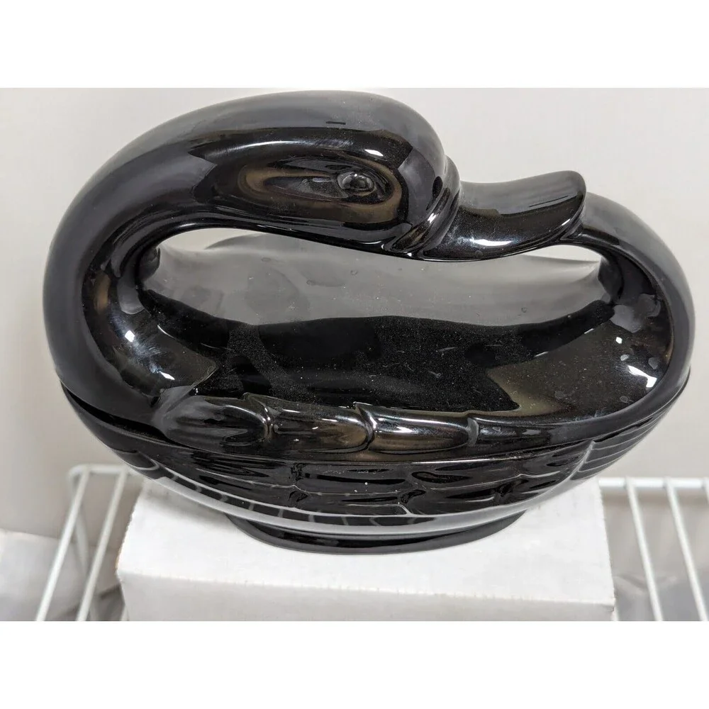 Vintage Fitz and Floyd Ceramic Black Swan Goose Covered Dish Trinket Candy